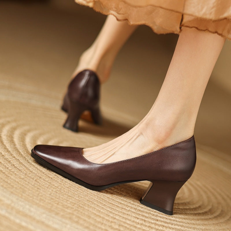 Espresso Brown leather pump with flare heel, three-quarter view