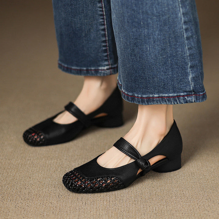 Women's woven leather Mary-Janes, front view