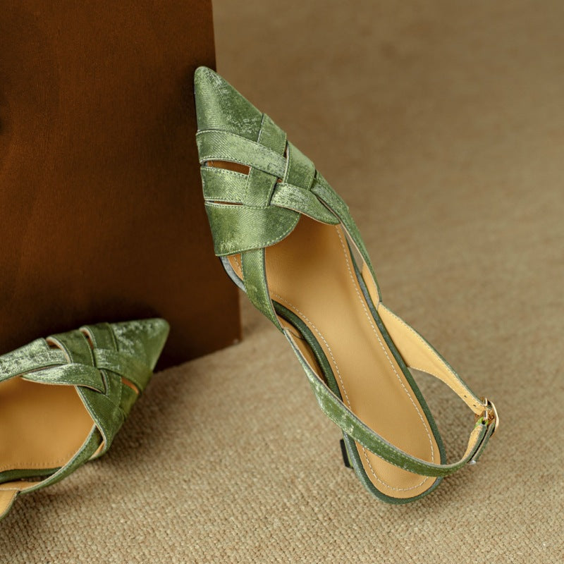 Woven leather slingbacks styled with wide-leg trousers