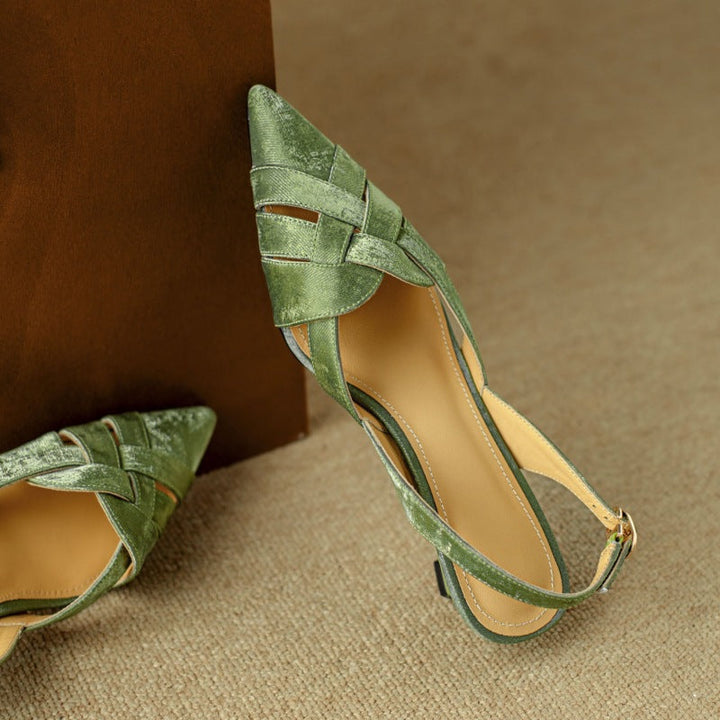 Woven leather slingbacks styled with wide-leg trousers