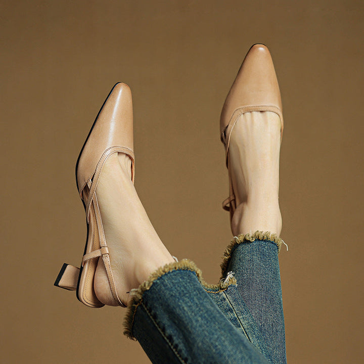 Close-up of heel on Pauline leather slingbacks