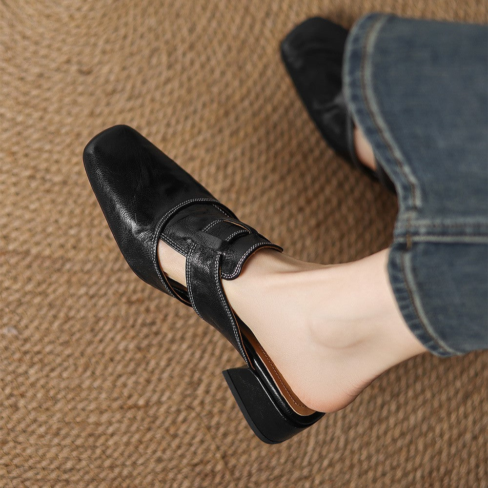Square-toe leather mule, back view showing the 1.5-inch block heel