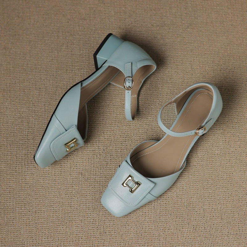 Top-down view of a square-toe leather Mary-Jane