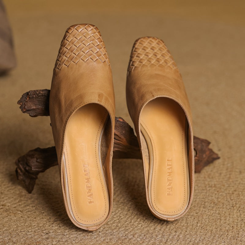 Meredith mules, front view in Camel Tan