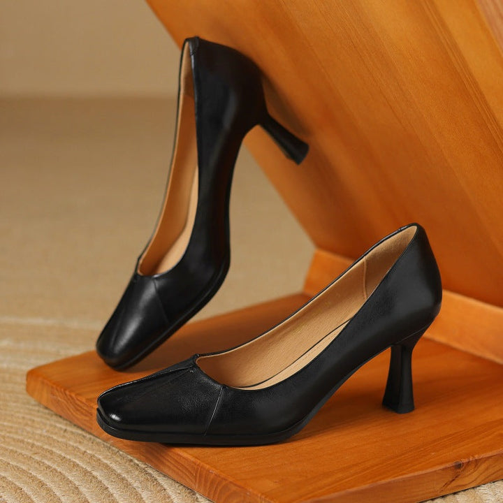 Carolyn pleated square-toe leather pumps, both colors side by side