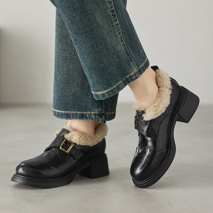 Close-up of mid heel on Maribel leather oxford heels