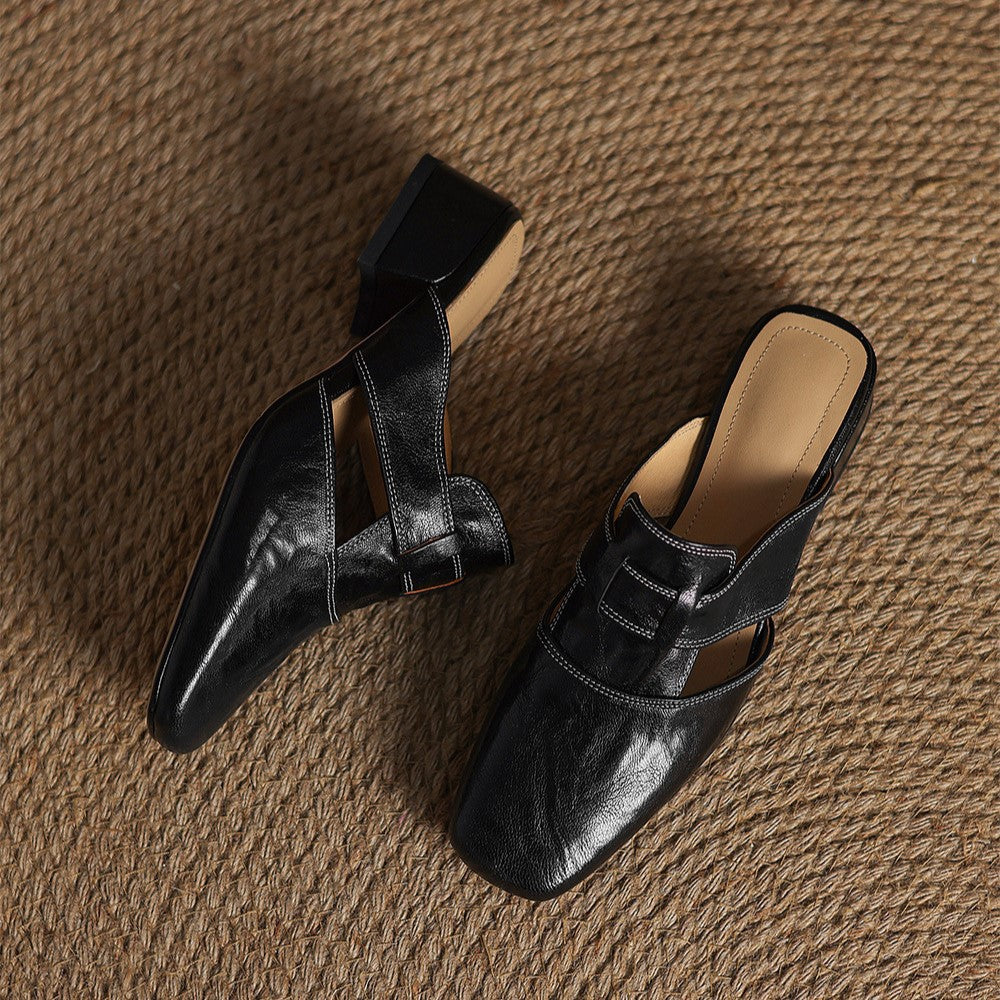 Women's square-toe leather mules shown as a pair