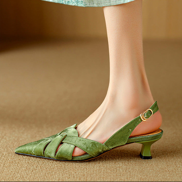 Woven leather slingback heel, back view showing adjustable strap