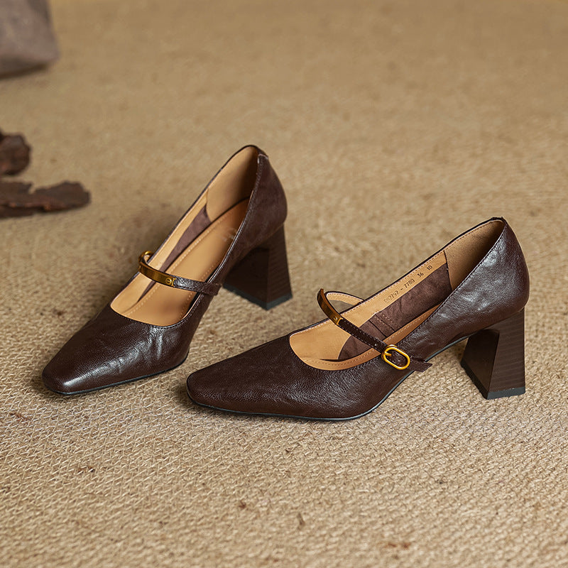 Bridget square-toe leather block pumps, both colors side by side