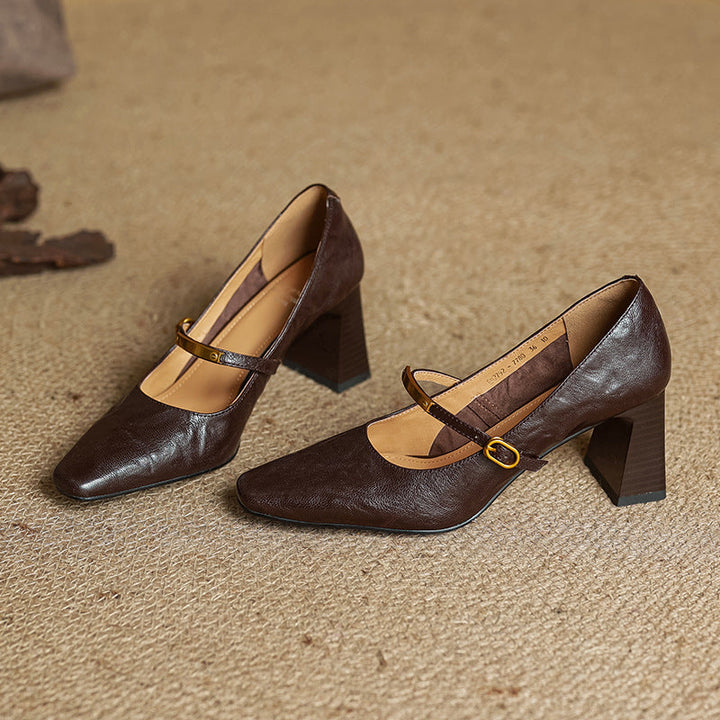 Bridget square-toe leather block pumps, both colors side by side