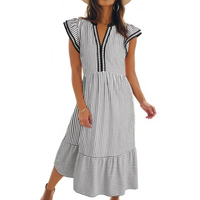 Leonora™ – Ruffled Cap Sleeves Striped Midi Dress