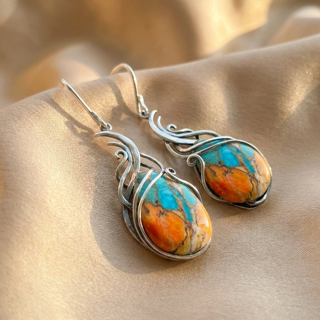 Gemstone Drop Earrings in Blue and Orange