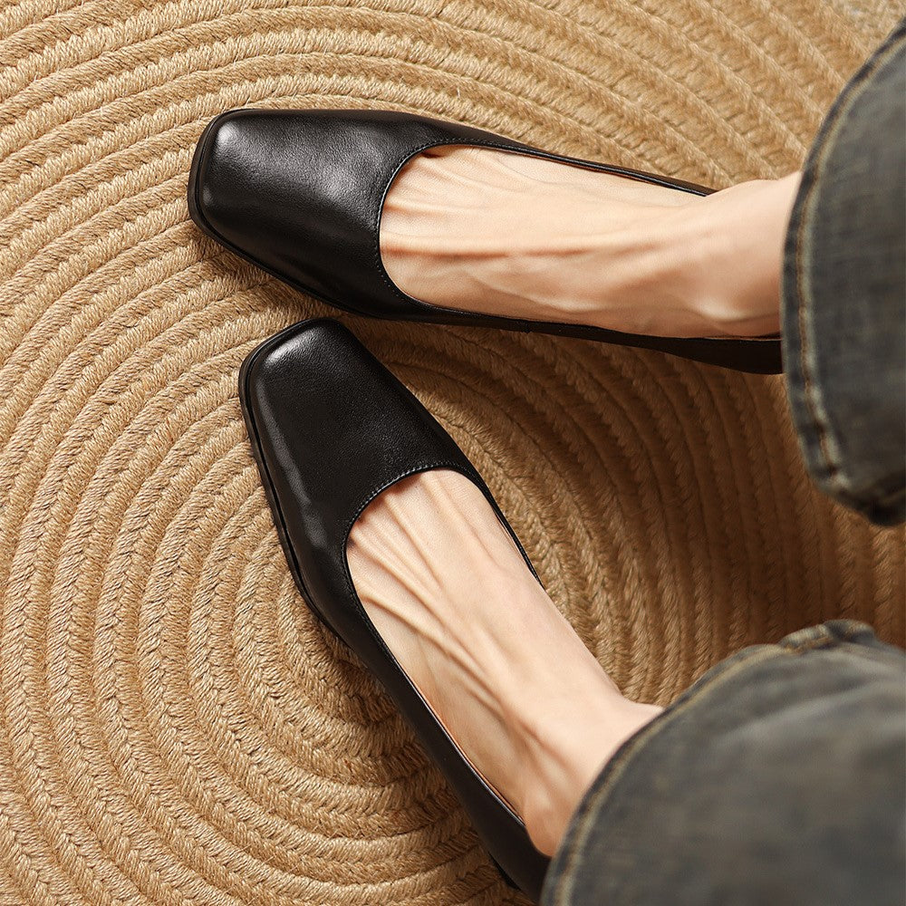 Gail | Square-Toe Flare-Heel Leather Pumps