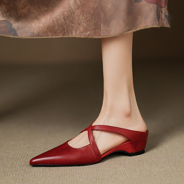 Crimson Red washed cowhide mule with cross-strap and pointed toe, three-quarter view