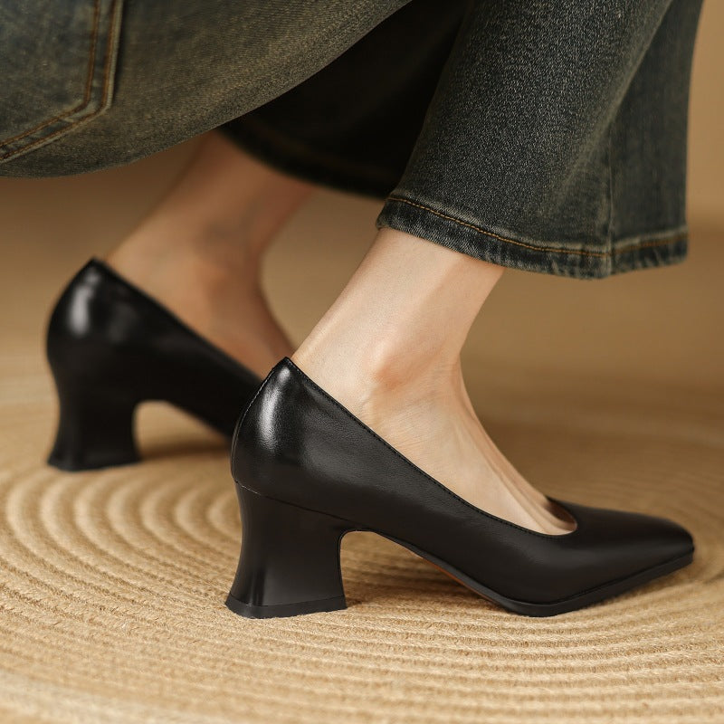 Gail | Square-Toe Flare-Heel Leather Pumps