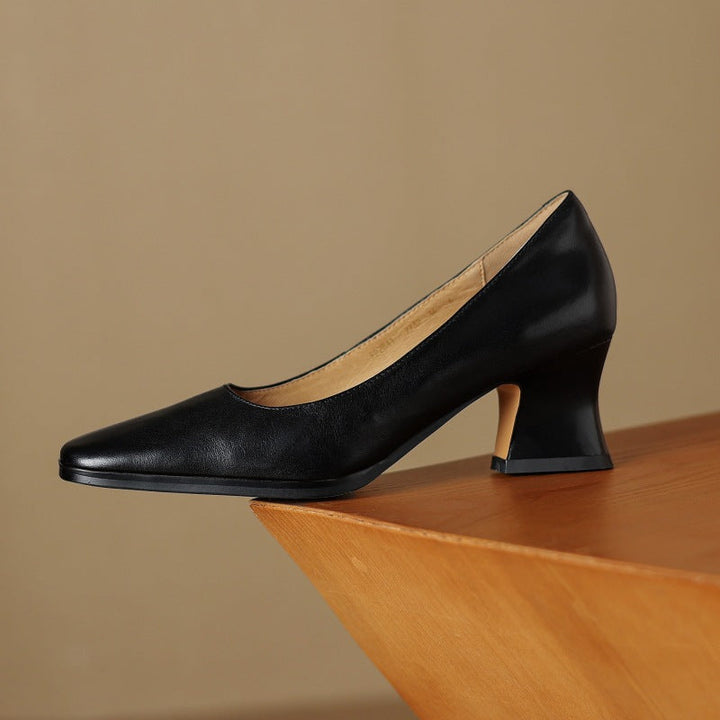 Gail | Square-Toe Flare-Heel Leather Pumps