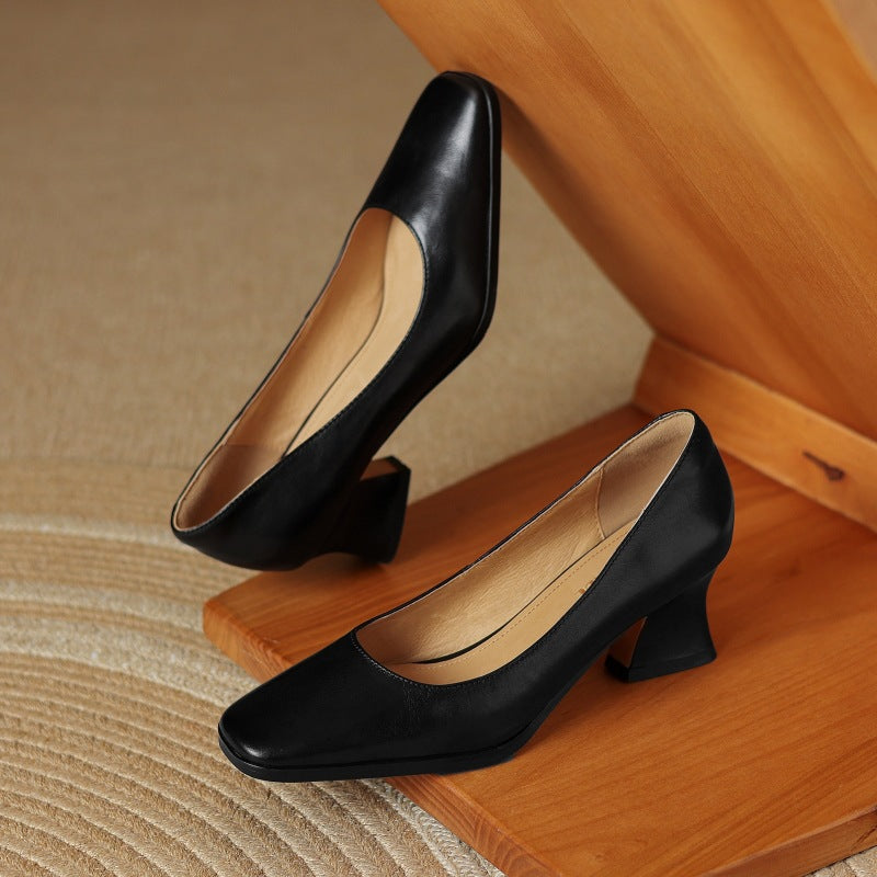 Gail | Square-Toe Flare-Heel Leather Pumps