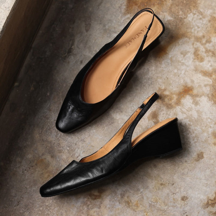 Close-up of wedge heel on Lucille leather slingbacks