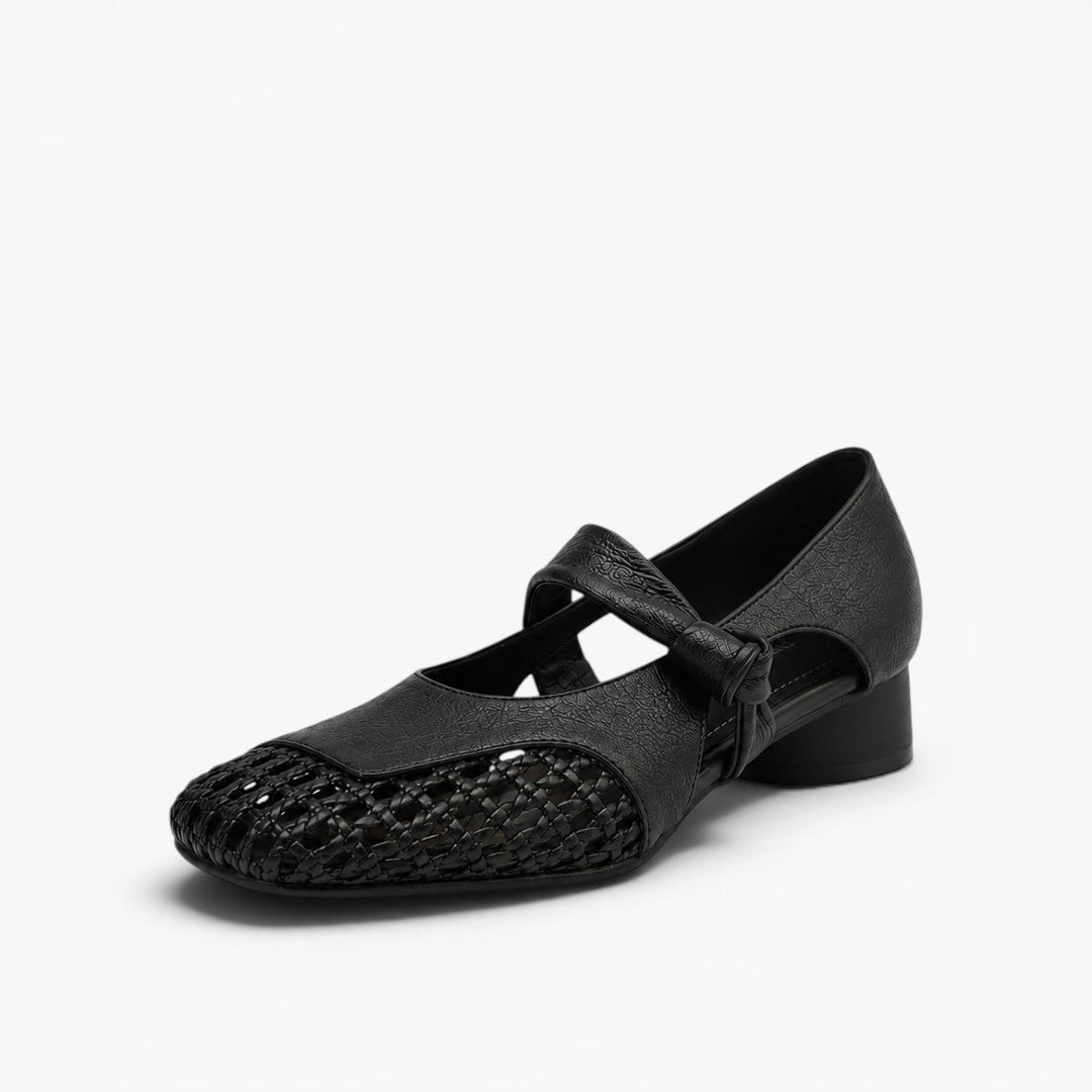 Woven leather Mary-Jane, angled low-heel view