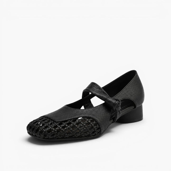 Woven leather Mary-Jane, angled low-heel view