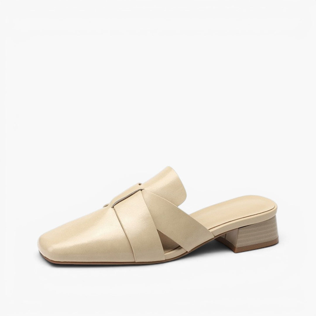 Square-toe cross-strap leather mule, angled heel view