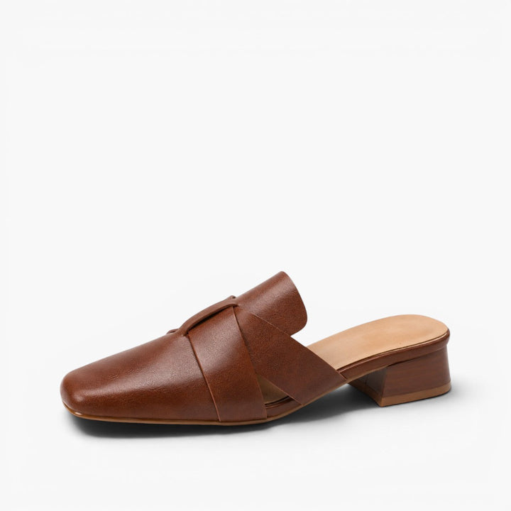 Women's square-toe cross-strap leather mules, side profile