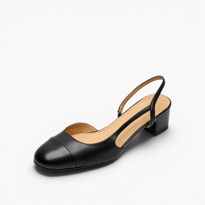 Close-up of block heel on Harlow leather slingbacks