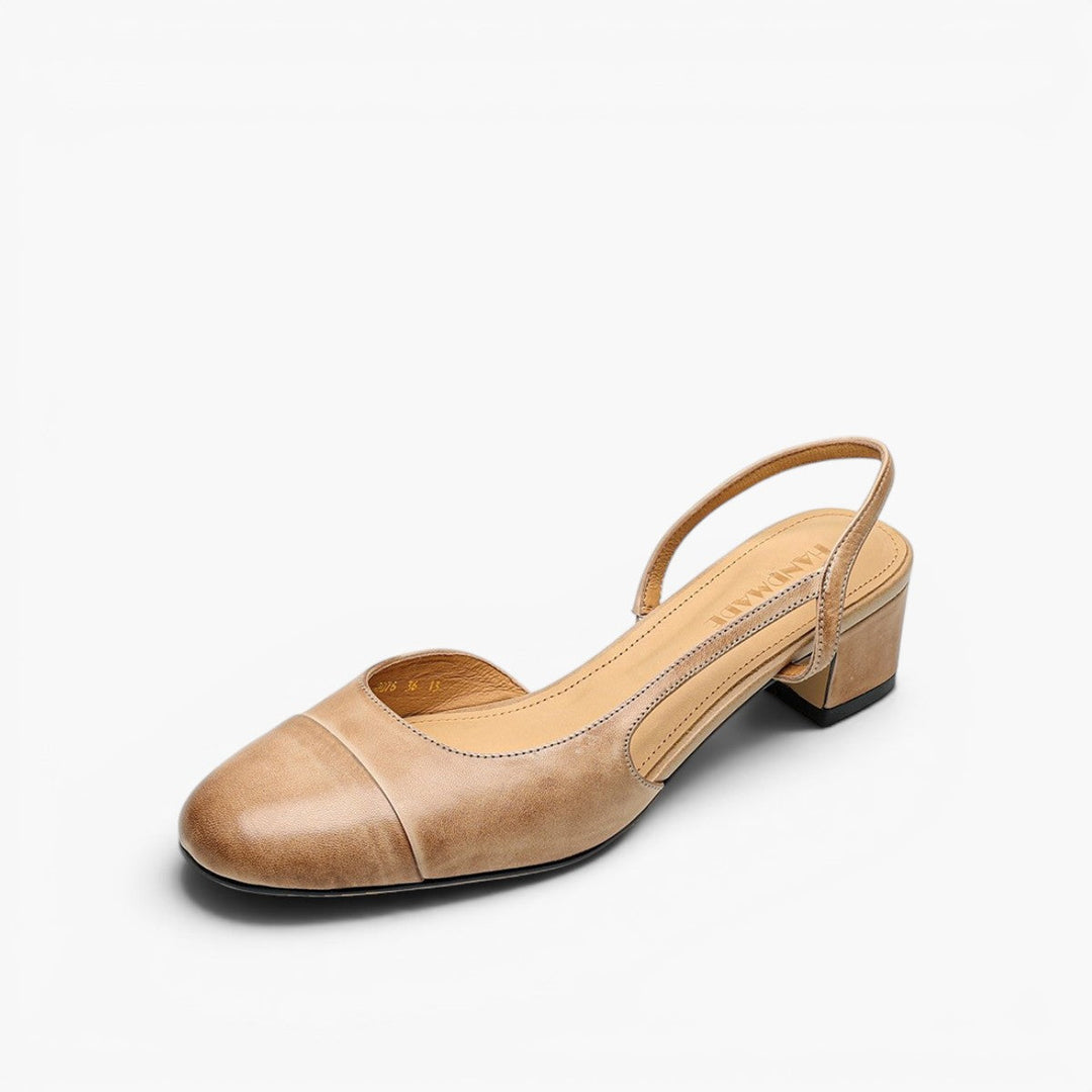 Harlow cap-toe leather slingback heels in Almond Tan, side profile