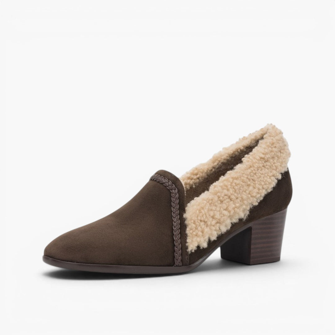 Dolores shearling-lined suede block heels in Mocha Brown, side profile
