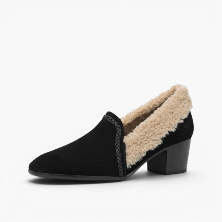 Shearling-lined suede block heels, top view of Mocha Brown pair
