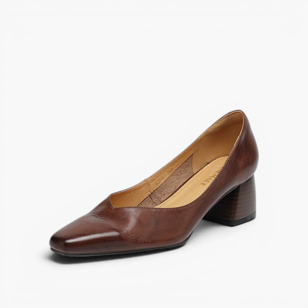 Square-toe leather pumps styled with a blazer and trousers