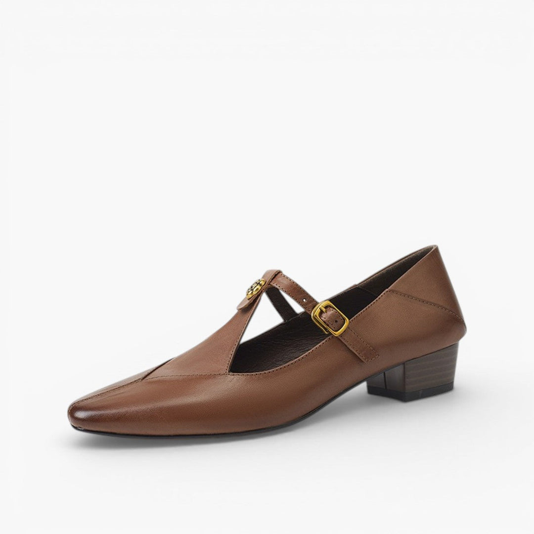 Corinne T-strap leather block pumps in Chestnut Brown, side profile
