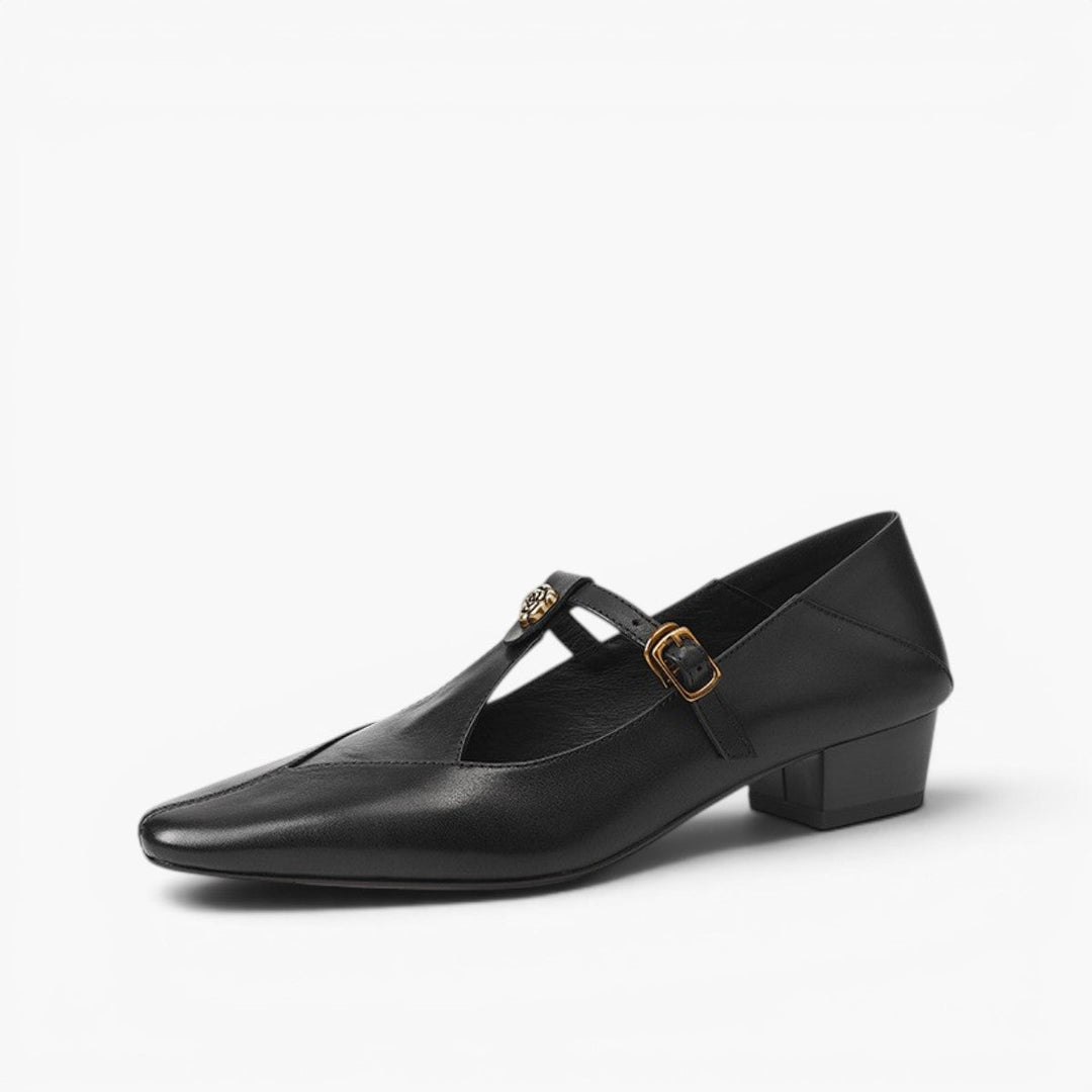 Close-up of block heel on Corinne leather pumps