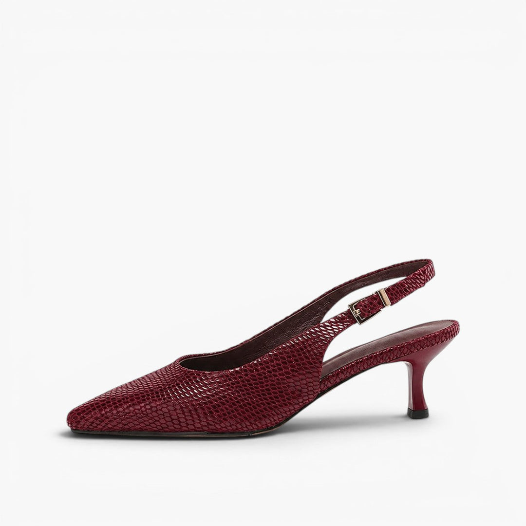 Evangeline pointed leather slingback heels in Garnet Wine, side profile showing slender heel