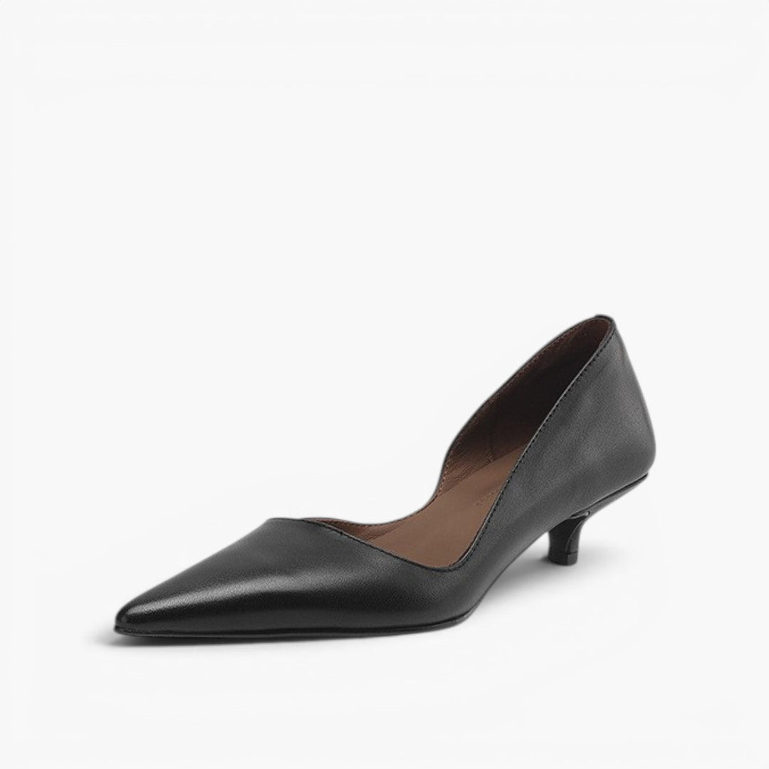 Leather kitten heel pumps styled with tailored trousers