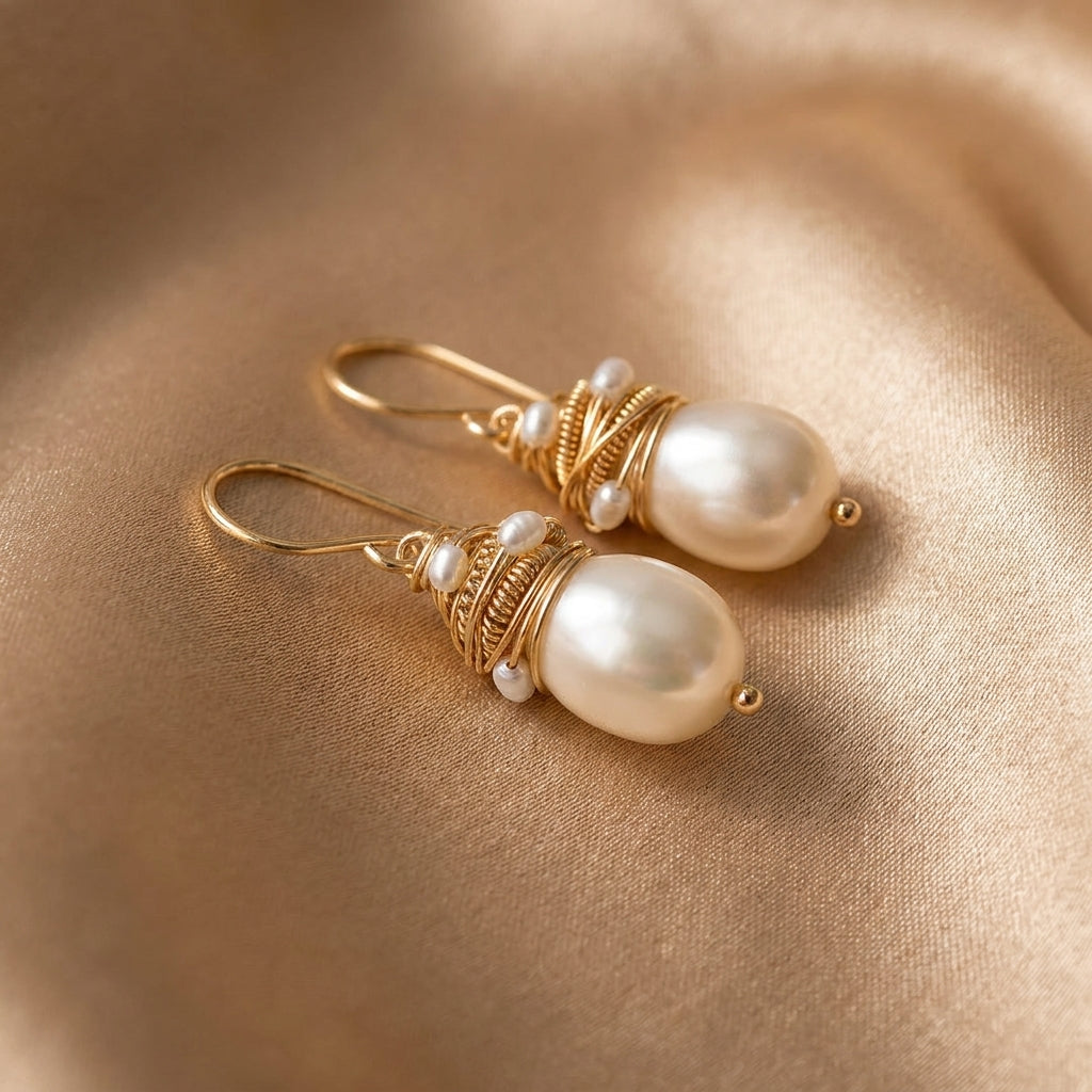 Vintage Pearl Earrings with Golden Thread