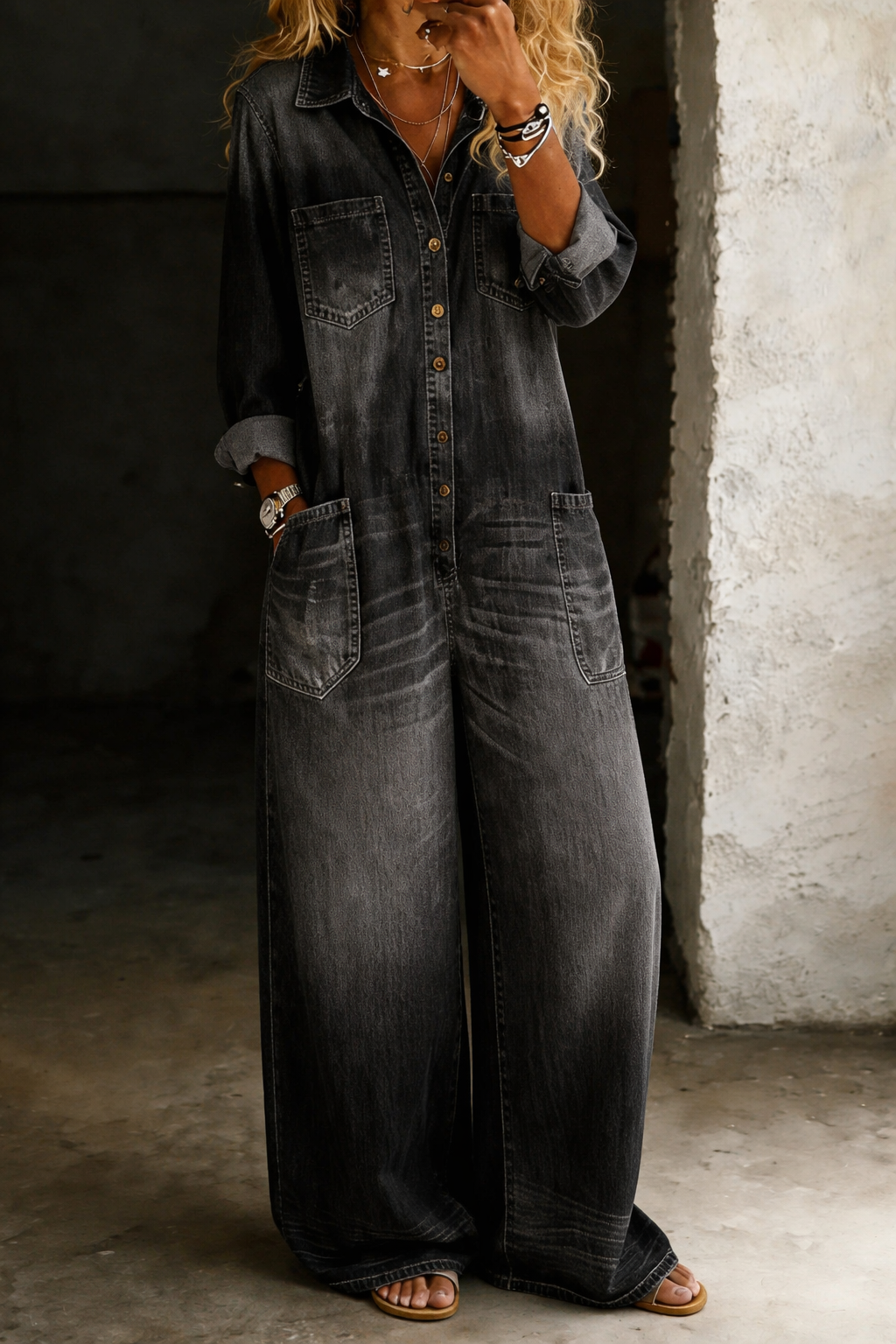 Inès™ - Casual Wide-Leg Denim Jumpsuit