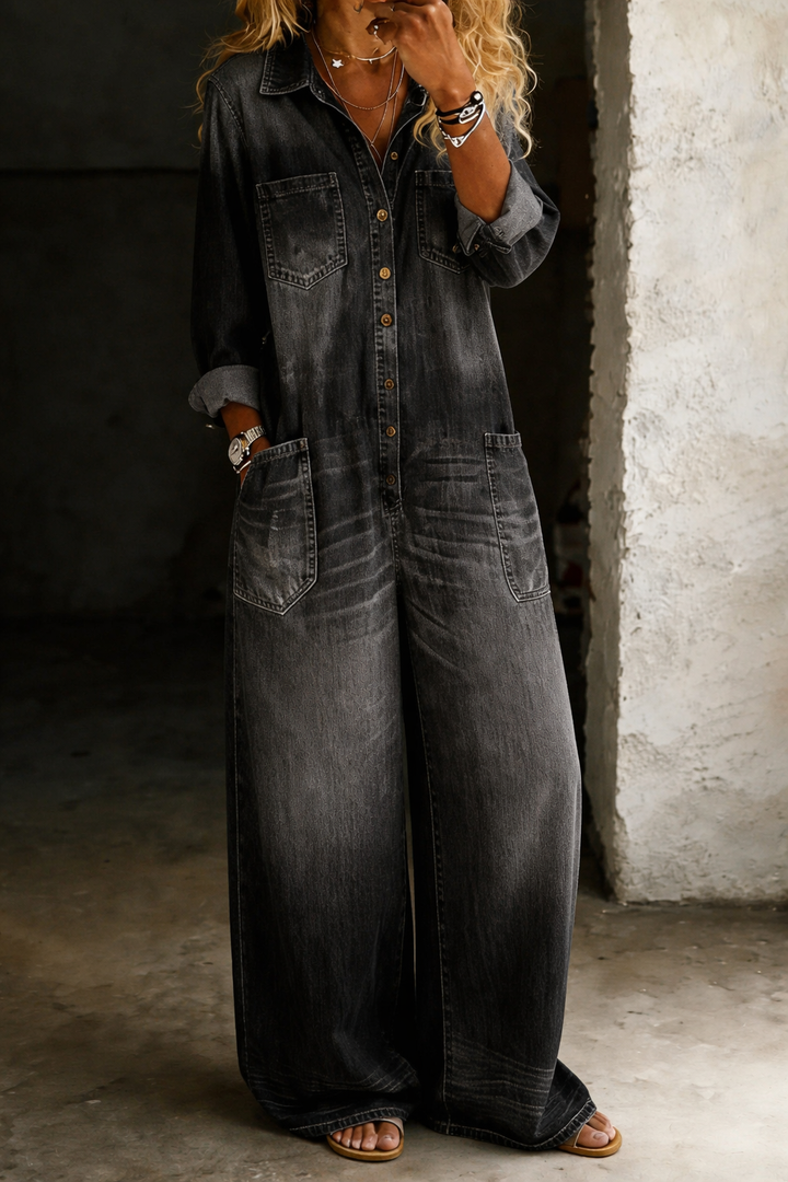 Inès™ - Casual Wide-Leg Denim Jumpsuit