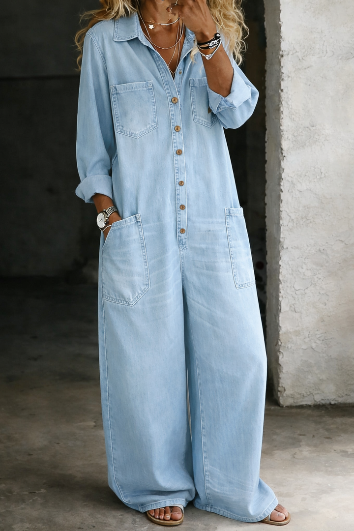 Inès™ - Casual Wide-Leg Denim Jumpsuit