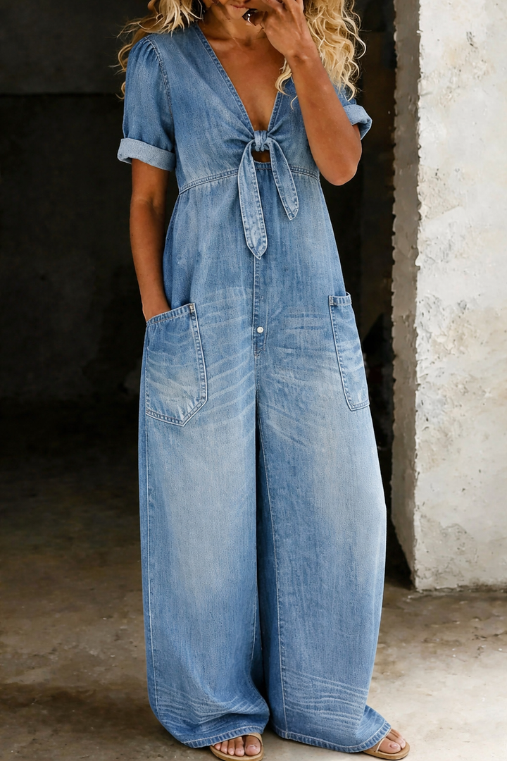 Lucie™ - Casual Tie-Front Denim Jumpsuit