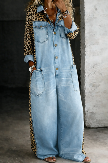 Manon™ - Leopard Contrast Wide-Leg Denim Jumpsuit