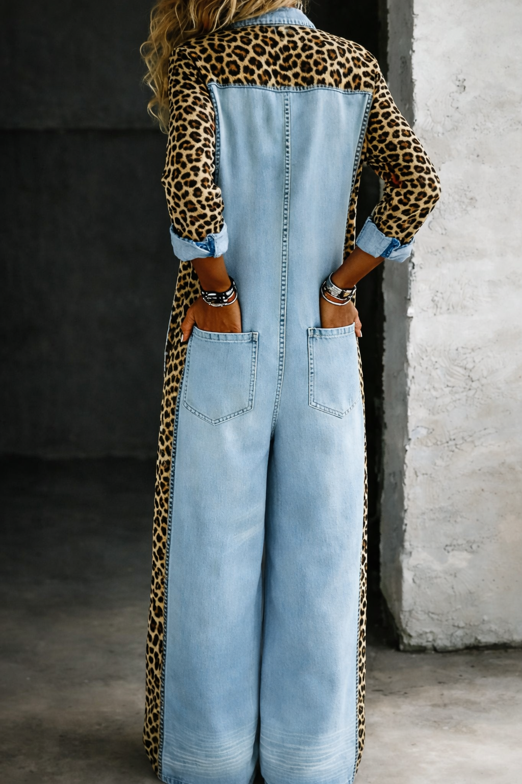 Manon™ - Leopard Contrast Wide-Leg Denim Jumpsuit