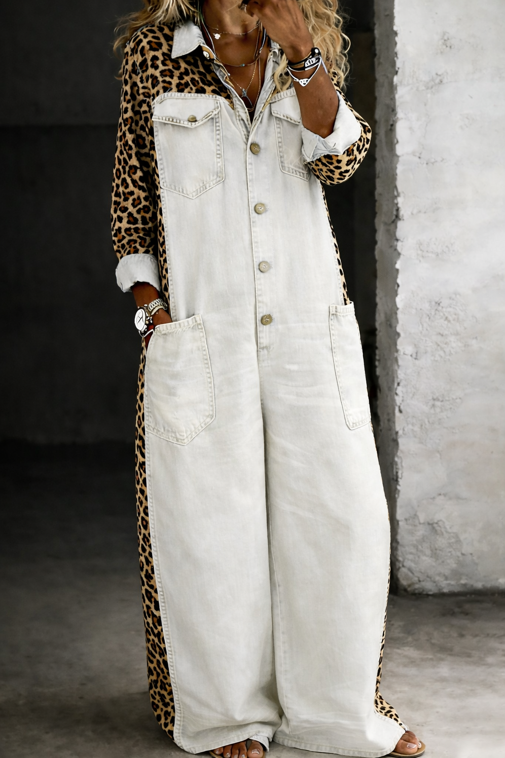 Manon™ - Leopard Contrast Wide-Leg Denim Jumpsuit