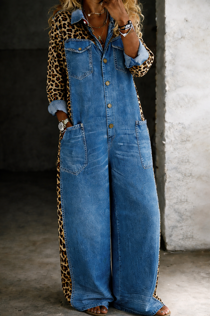 Manon™ - Leopard Contrast Wide-Leg Denim Jumpsuit