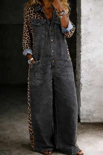 Manon™ - Leopard Contrast Wide-Leg Denim Jumpsuit