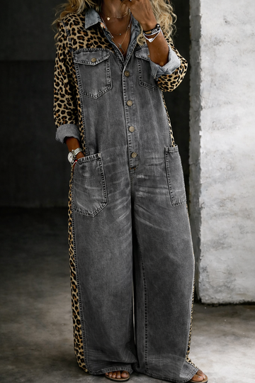 Manon™ - Leopard Contrast Wide-Leg Denim Jumpsuit