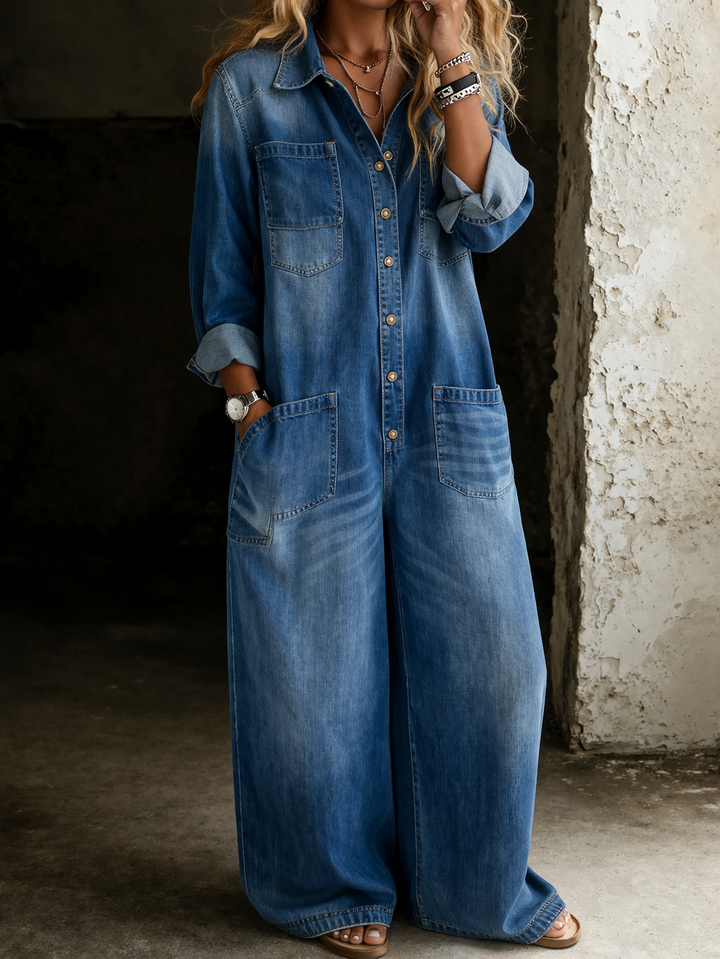 Inès™ - Casual Wide-Leg Denim Jumpsuit