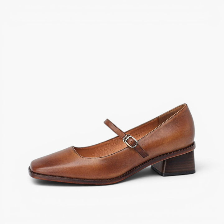 Women's square-toe leather Mary-Jane heels, side profile