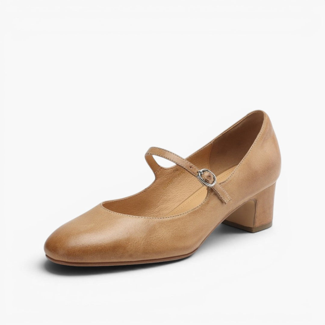 Women's pointed leather block heels with strap, side profile