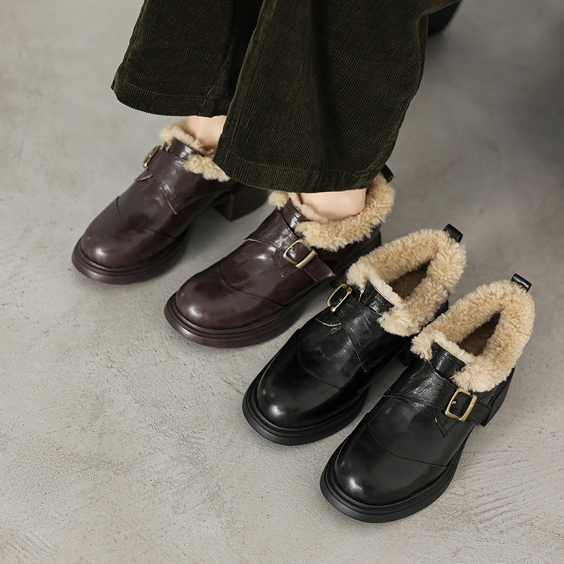 Shearling-lined leather oxford heels, top view of Oxford Brown pair